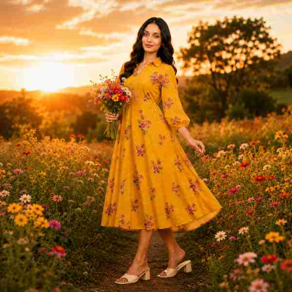 Women's Mustard Georgette Floral Printed  Dress